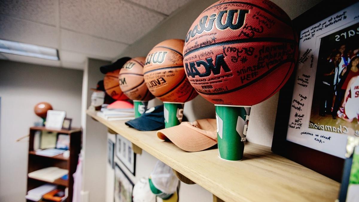 Basketball memorabilia on a shelf